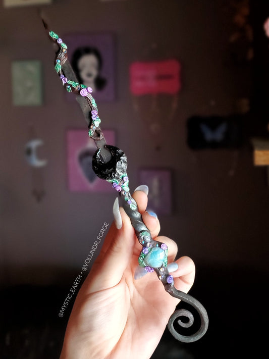 Obsidian Moon and Larimar Crystal Wand | Mystic Earth + Volundr Forge
