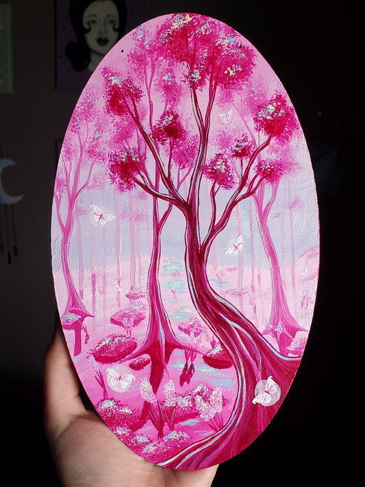 Pink Fairy Forest Painting on Wood