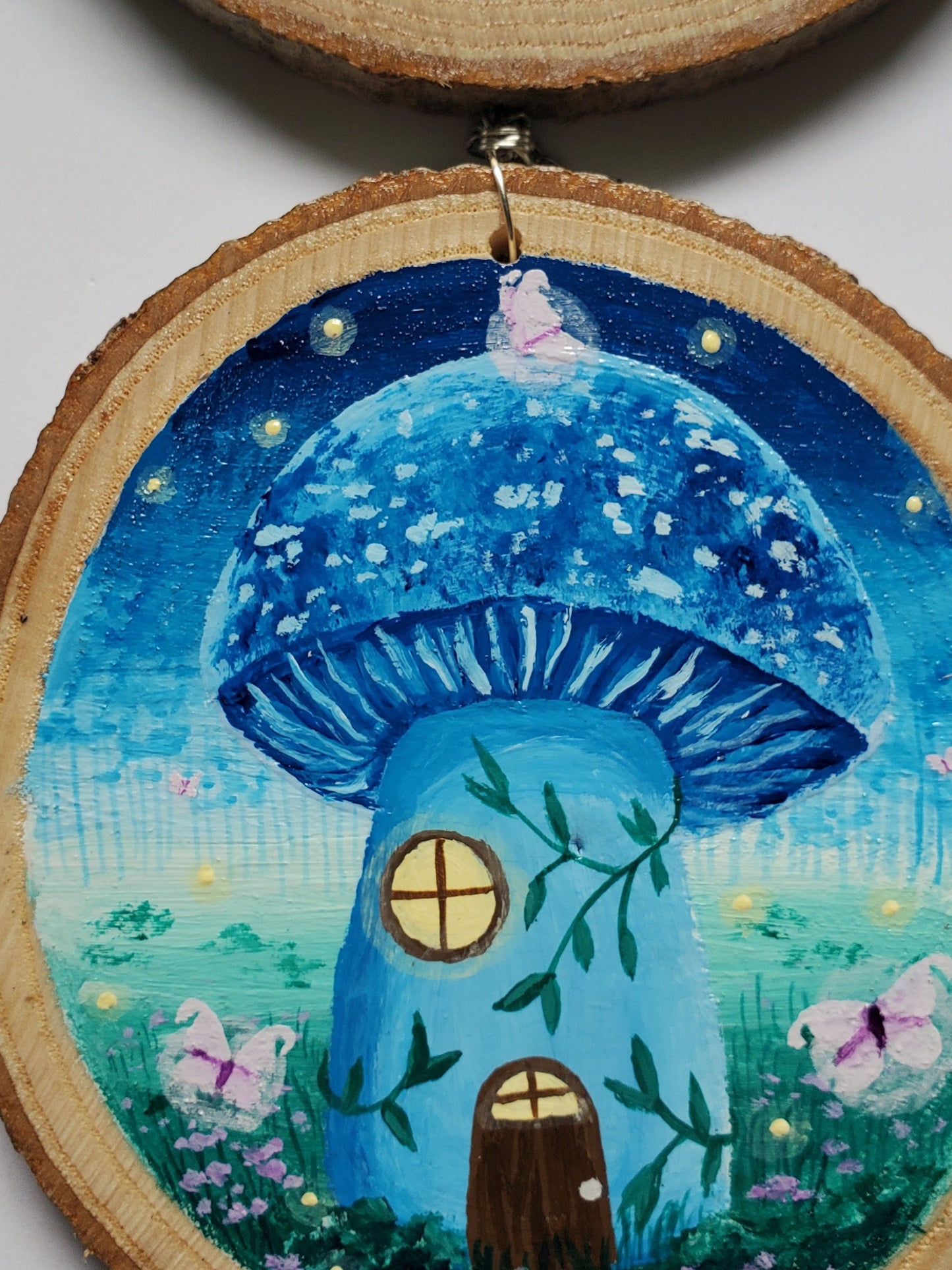 Blue Mushroom Cottage Painting on Wood