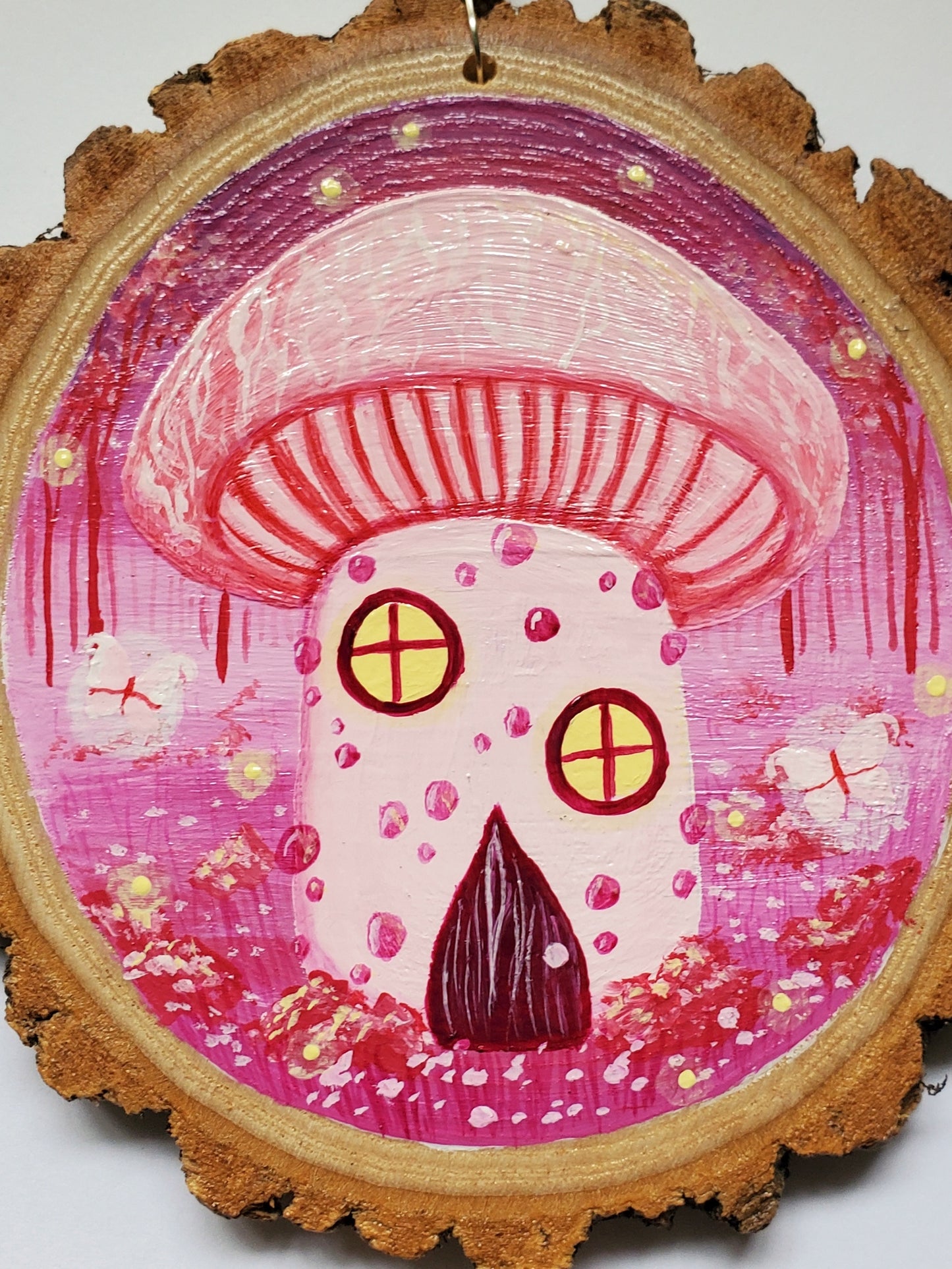 Wrinkly Peach Mushroom Cottage Painting on Wood