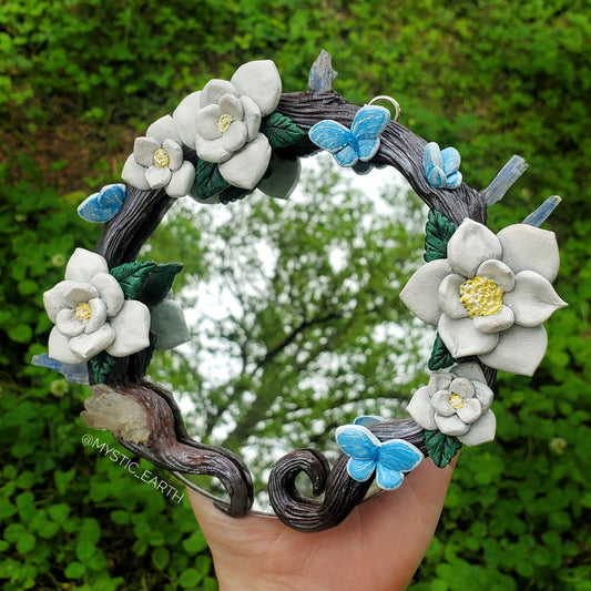 White Magnolia Mirror with Quartz and Kyanite Crystals