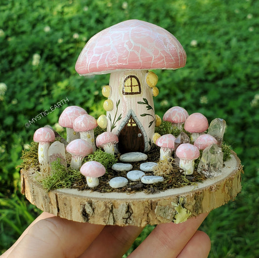 Wrinkled Peach Mushroom House Sculpture with Hematite Crystal