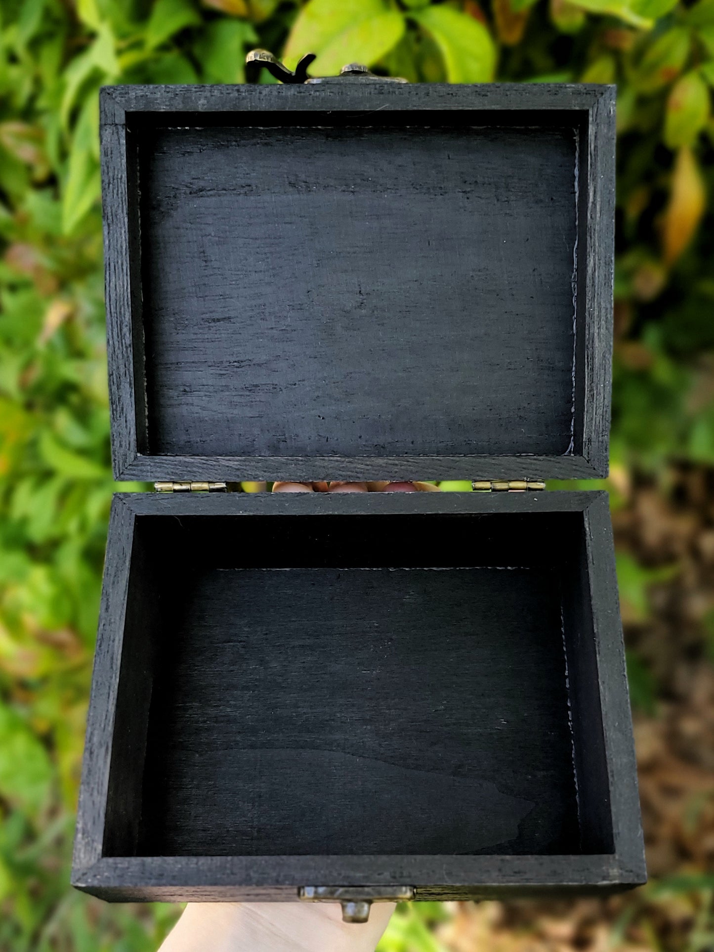inside of the box, black stained wood