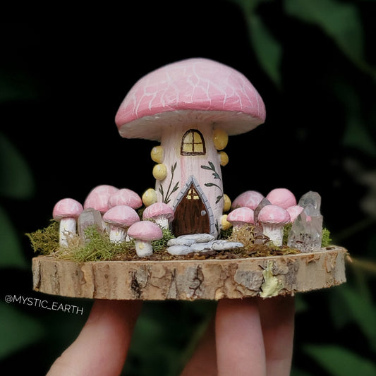 Wrinkled Peach Mushroom House Sculpture with Hematite Crystal