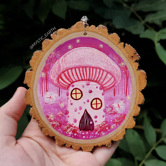 Wrinkly Peach Mushroom Cottage Painting on Wood