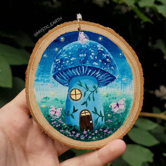Blue Mushroom Cottage Painting on Wood