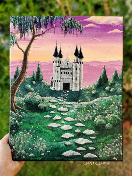 A realistic, dreamy mountain landscape at sunset showing a view of a castel. A stepping stone path leads down the first mountain to the castel in the second. The mountains are covered in flowers, bushes, and fireflies. A Weeping willow cascades over the castel on the left hand side. The background is a purple and orange sunset with more mountains showing deep into the distance. The painting has a nostalgic fairytale feeling.