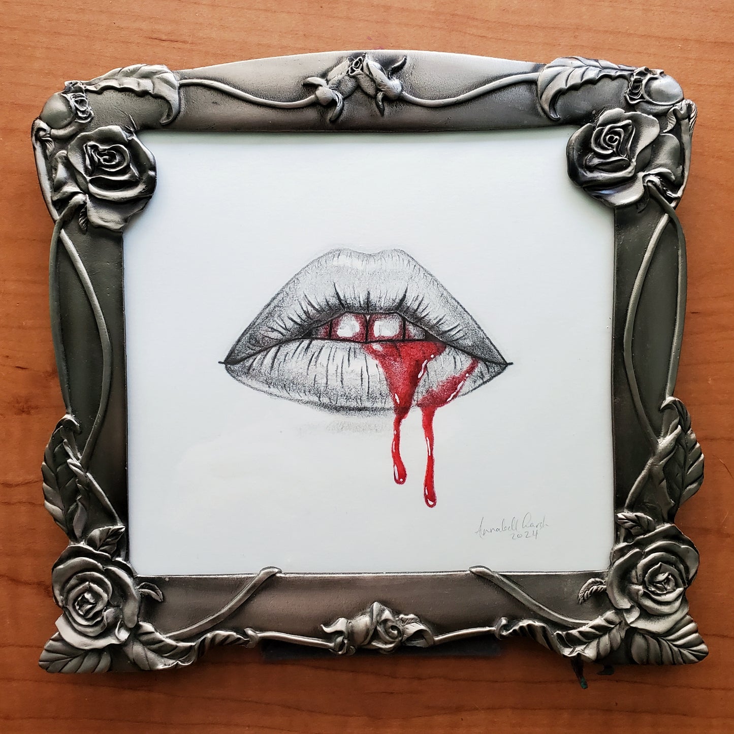 Bleeding Lips Drawing in Vintage Frame