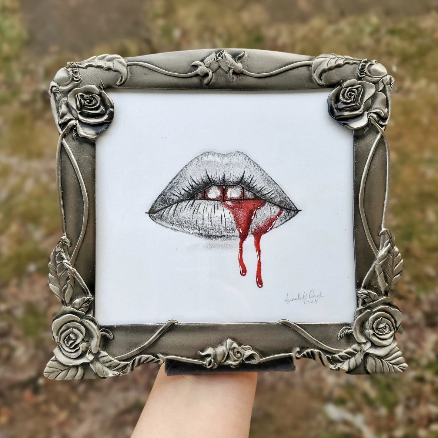 Bleeding Lips Drawing in Vintage Frame