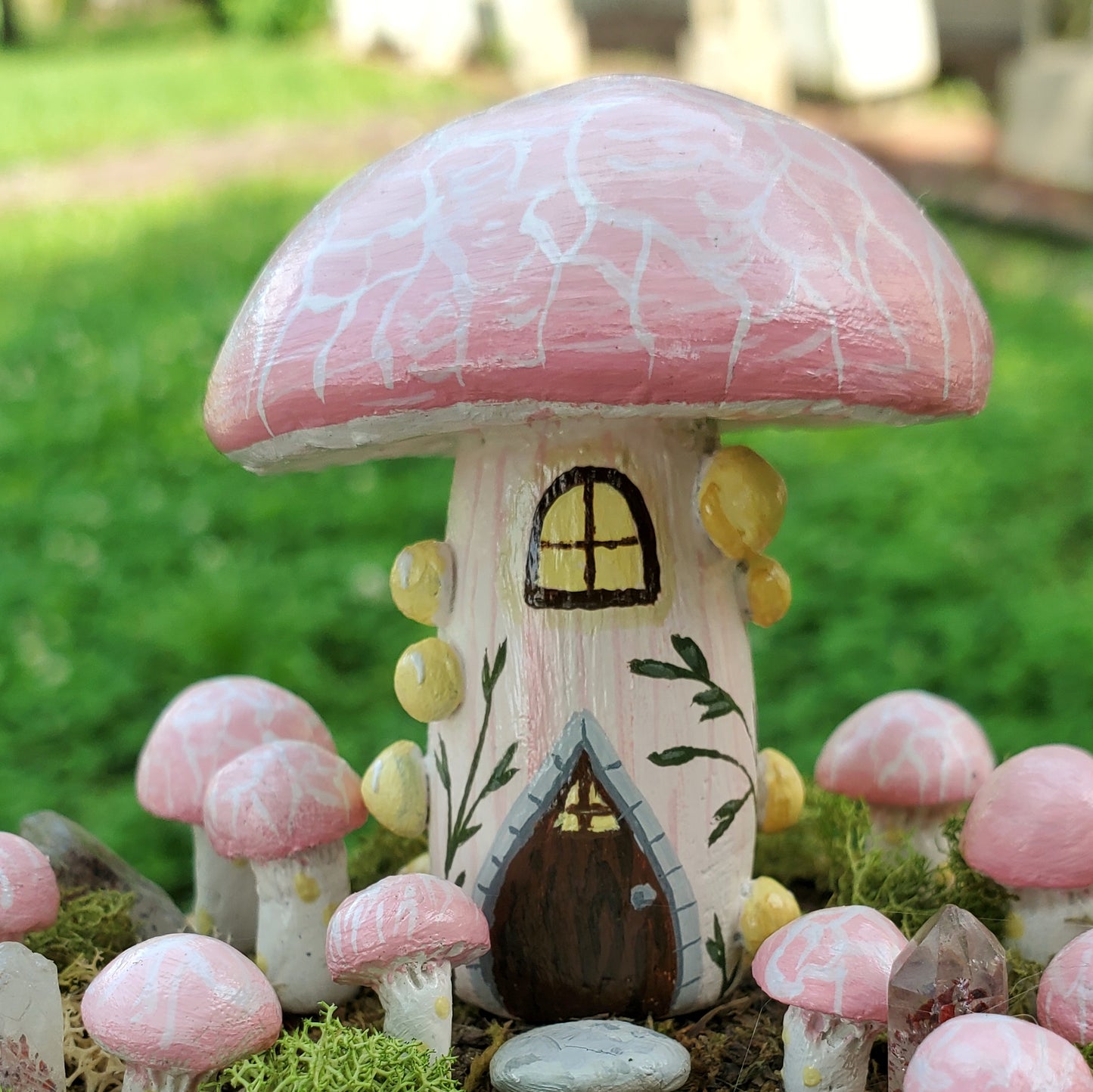 Wrinkled Peach Mushroom House Sculpture with Hematite Crystal