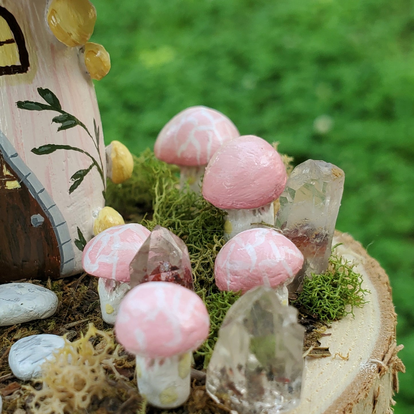 Wrinkled Peach Mushroom House Sculpture with Hematite Crystal