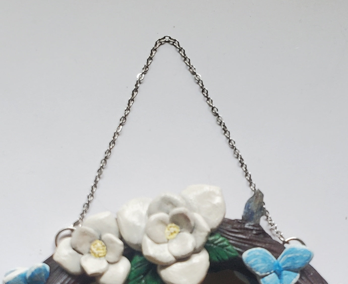 White Magnolia Mirror with Quartz and Kyanite Crystals