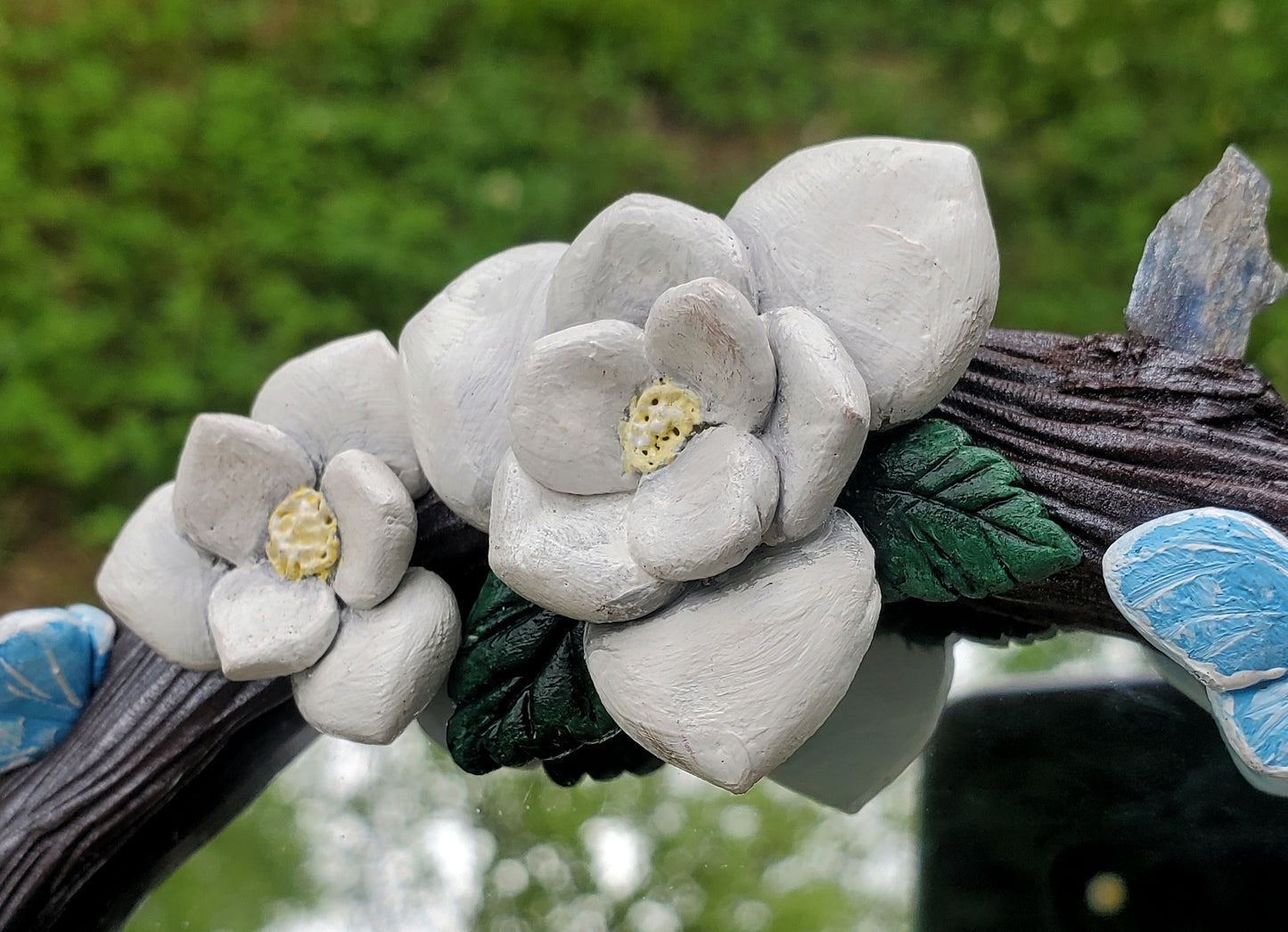 White Magnolia Mirror with Quartz and Kyanite Crystals