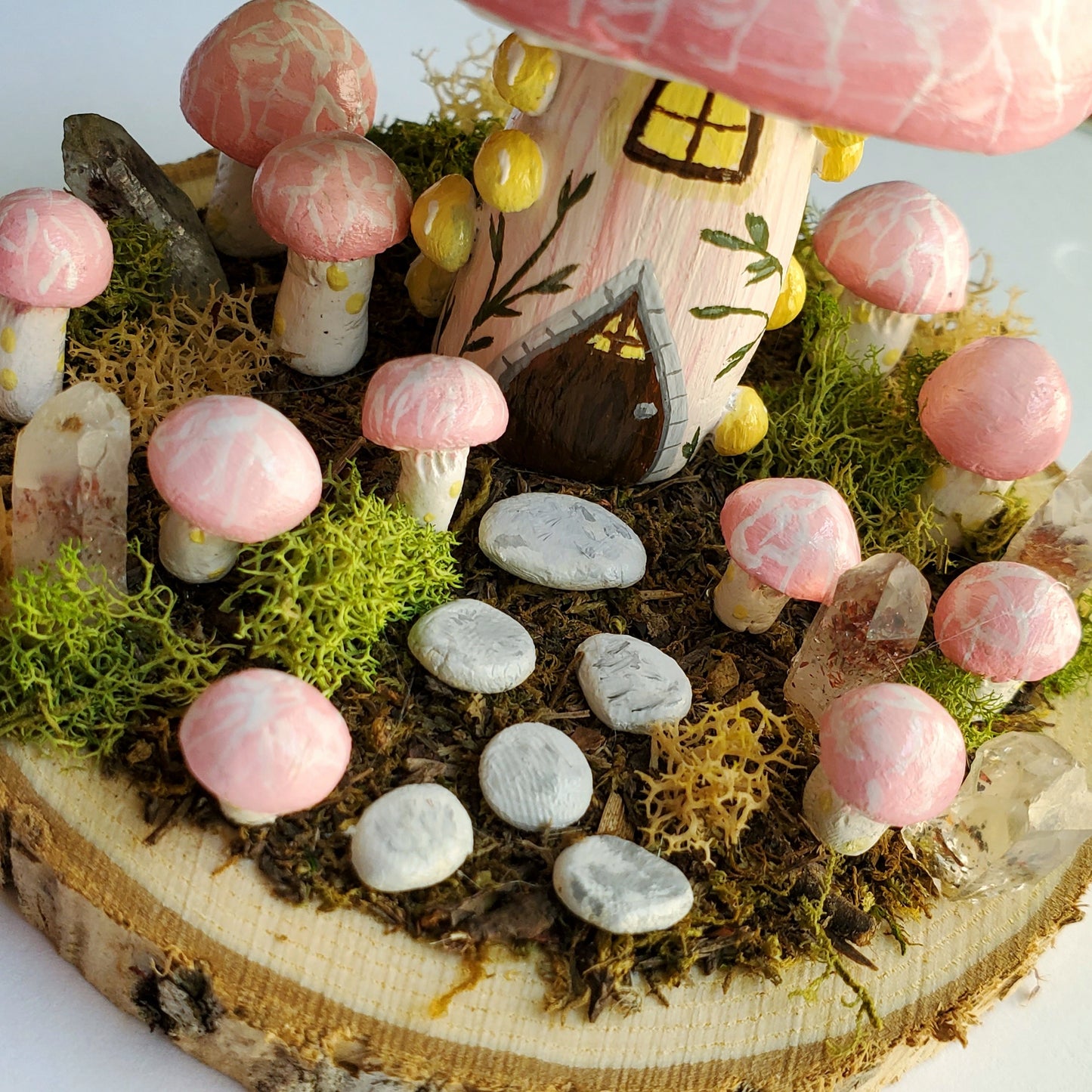Wrinkled Peach Mushroom House Sculpture with Hematite Crystal
