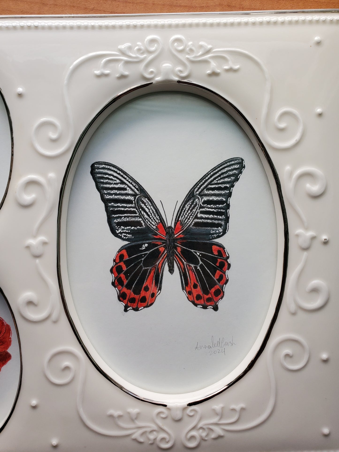 Black Widow & Butterfly Drawing in Ceramic Frame