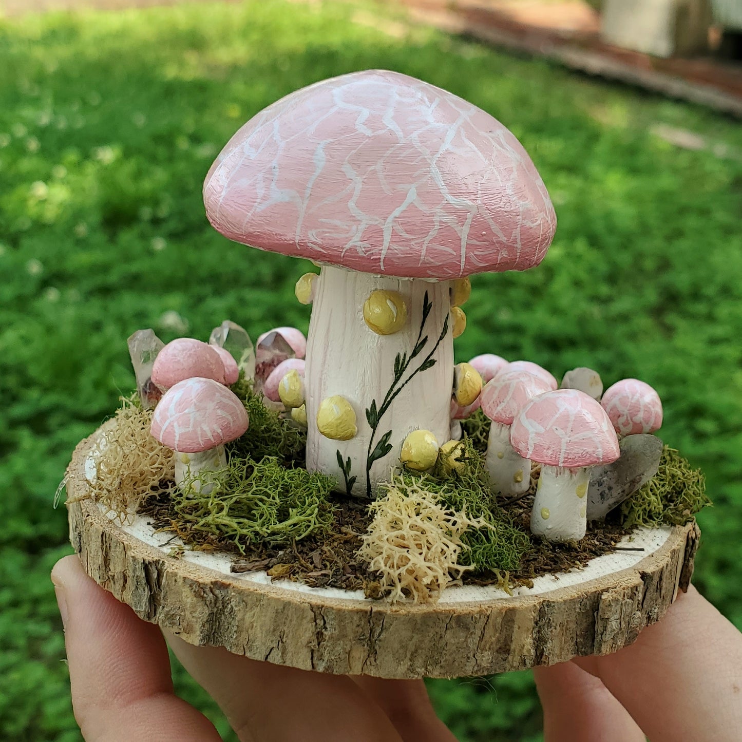 Wrinkled Peach Mushroom House Sculpture with Hematite Crystal