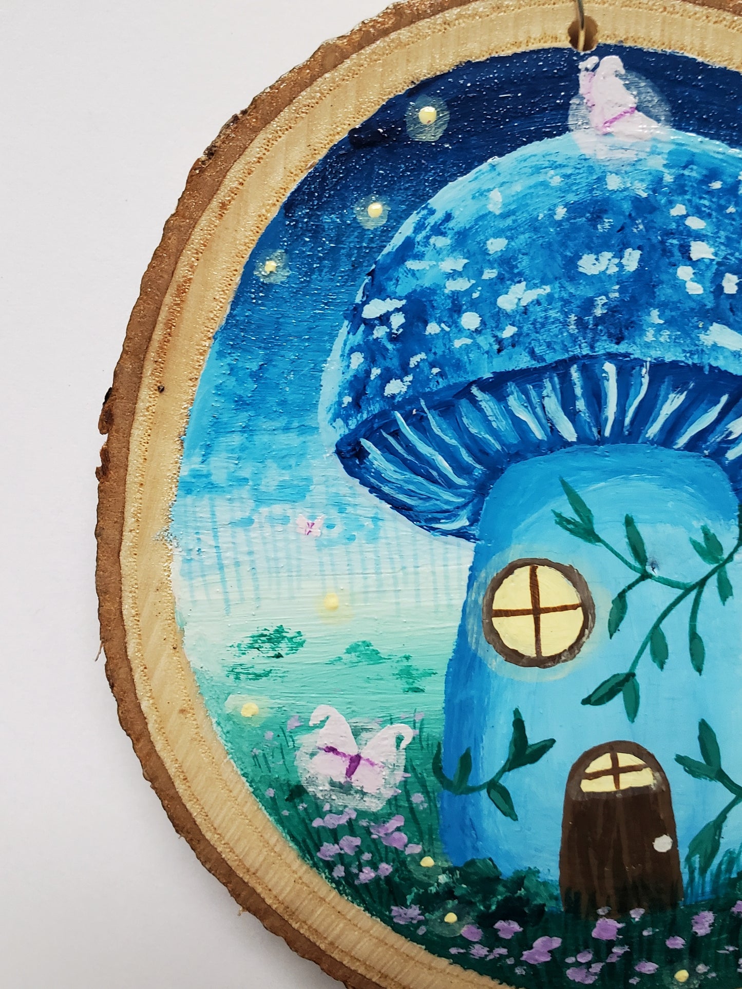 Blue Mushroom Cottage Painting on Wood