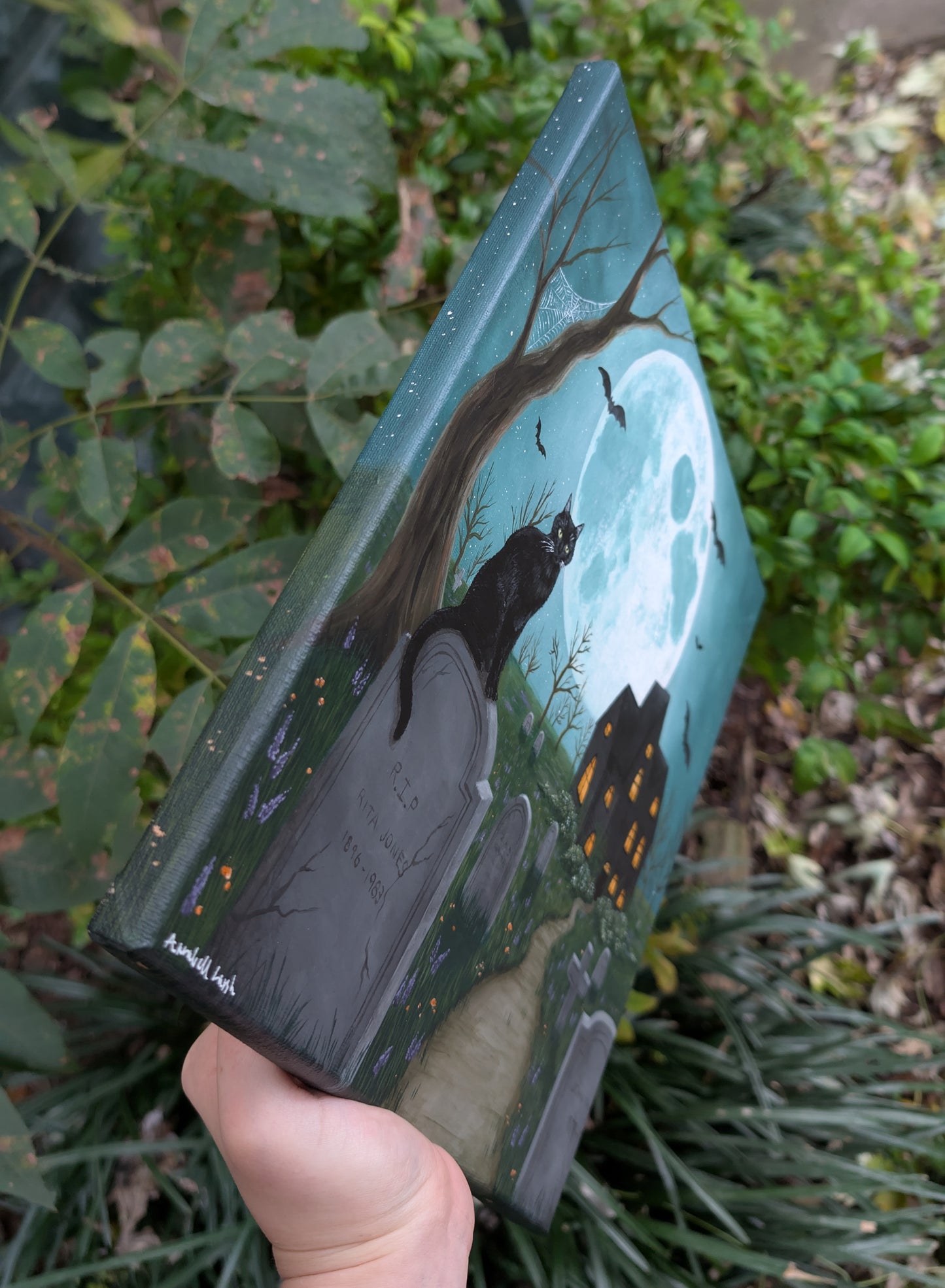 Black Cat Cemetery 12"x12" Painting