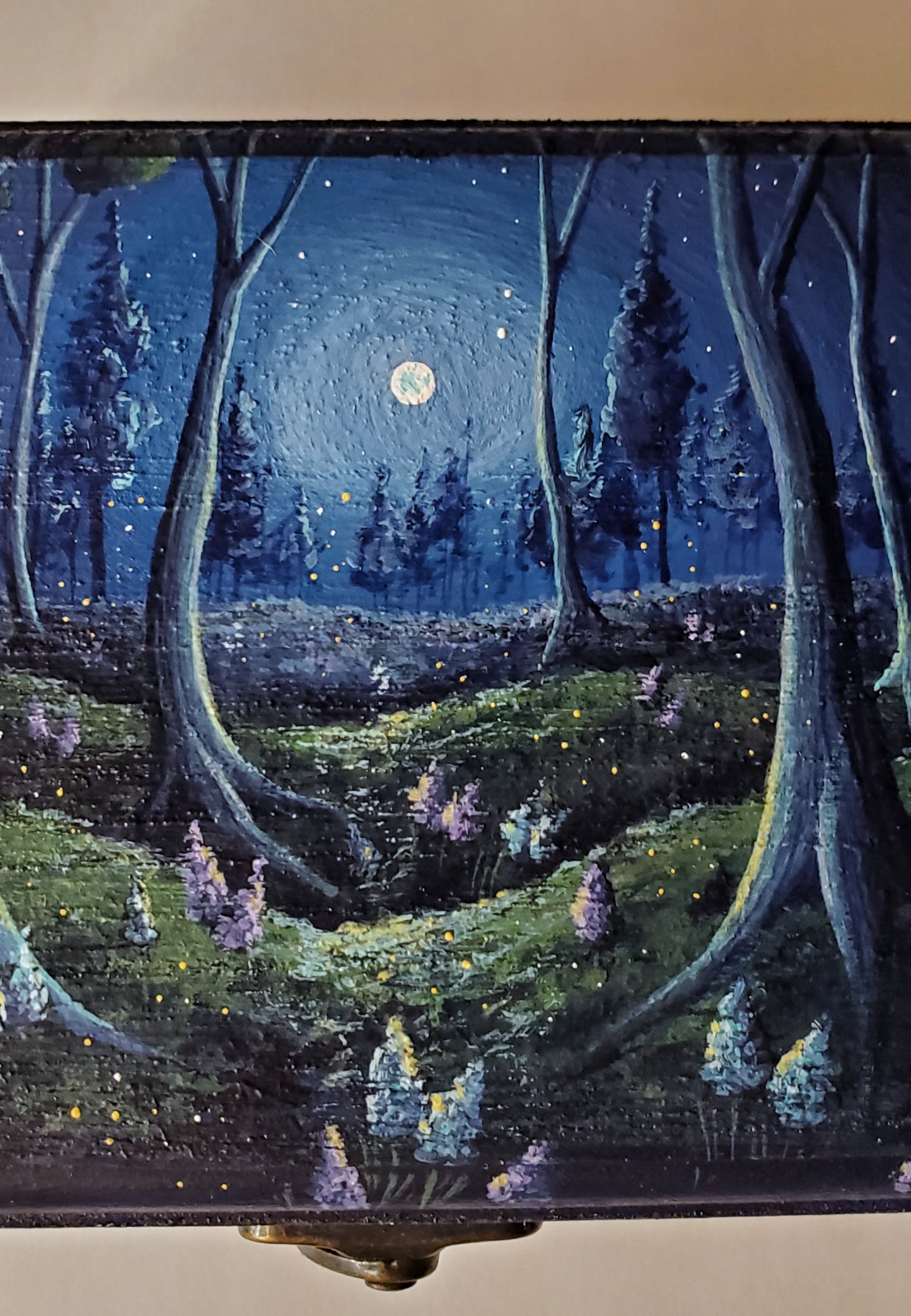 Glowing Firefly Forest Wood Trinket Box