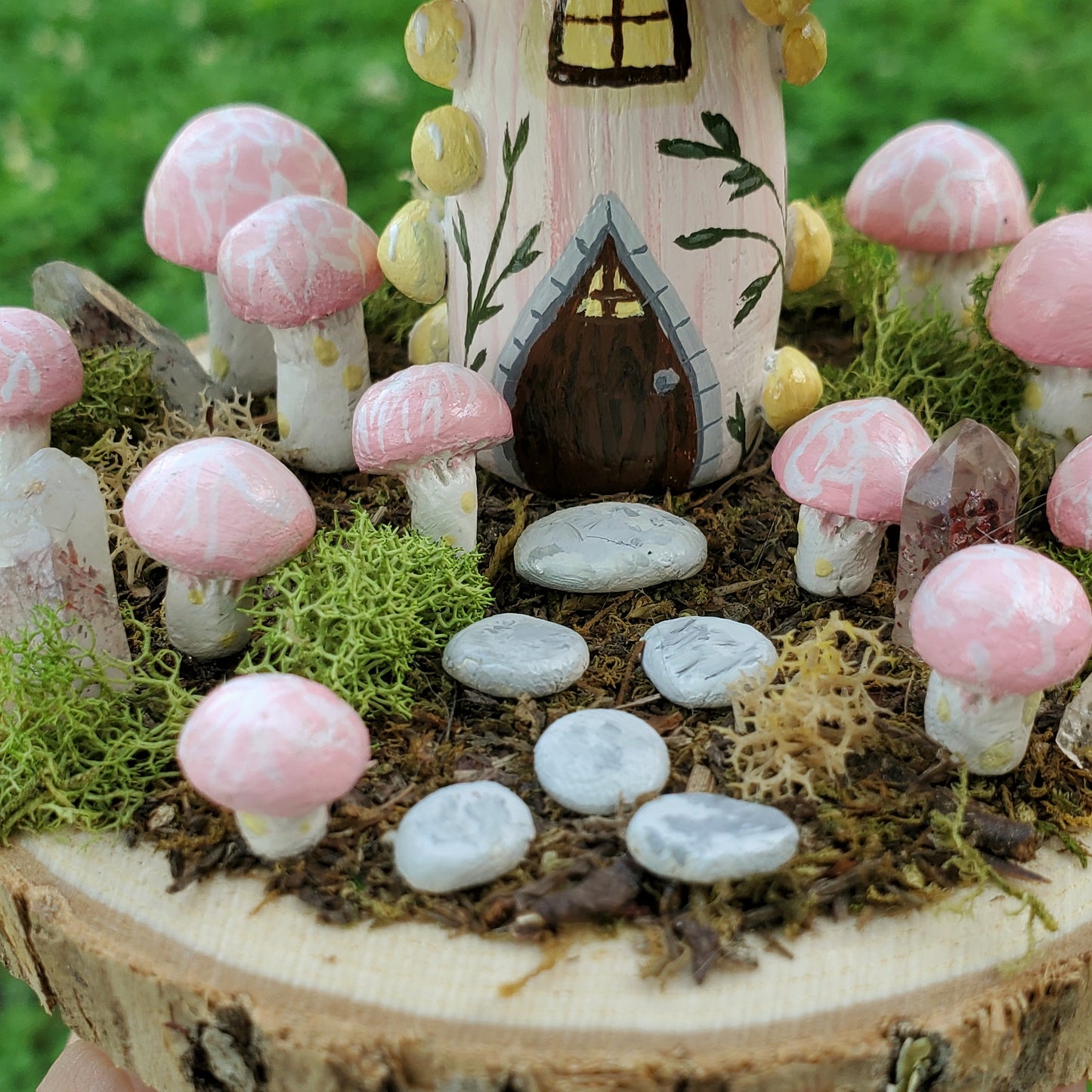 Wrinkled Peach Mushroom House Sculpture with Hematite Crystal