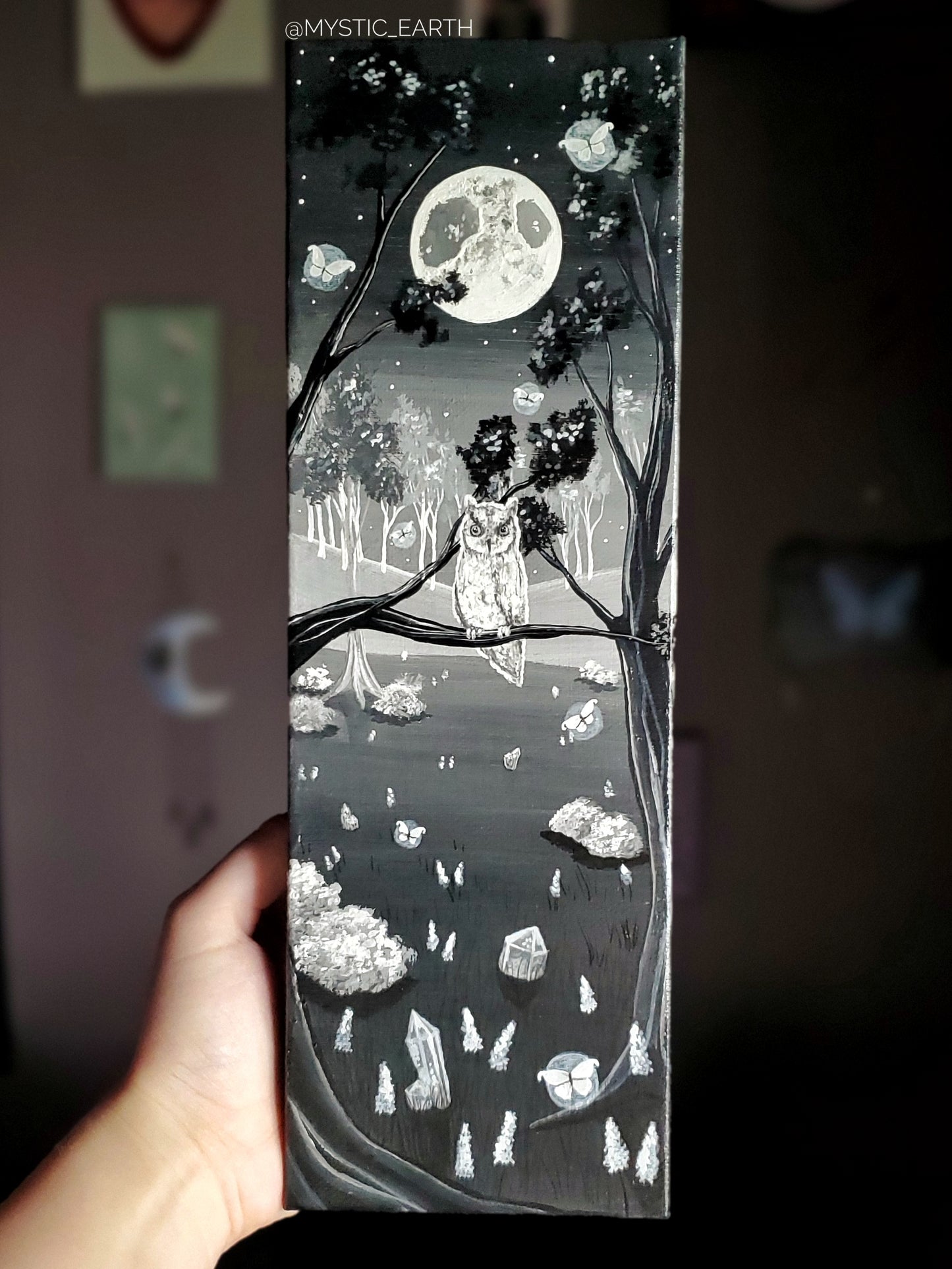 Grayscale Owl Fairy Forest Painting