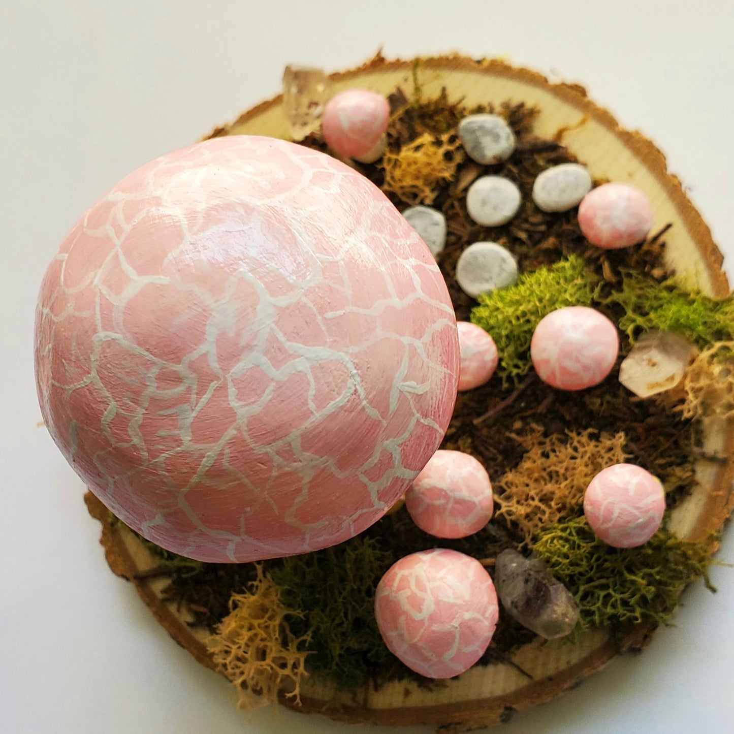 Wrinkled Peach Mushroom House Sculpture with Hematite Crystal