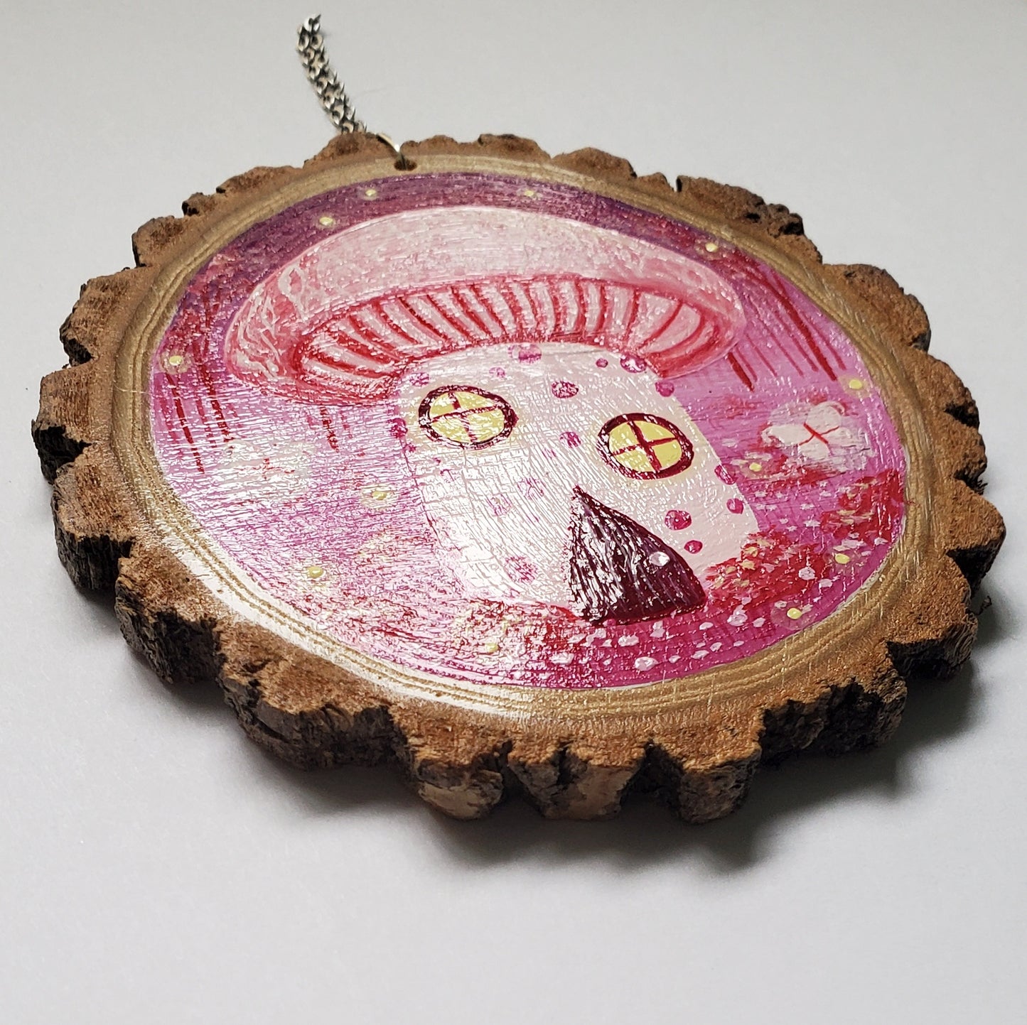 Wrinkly Peach Mushroom Cottage Painting on Wood