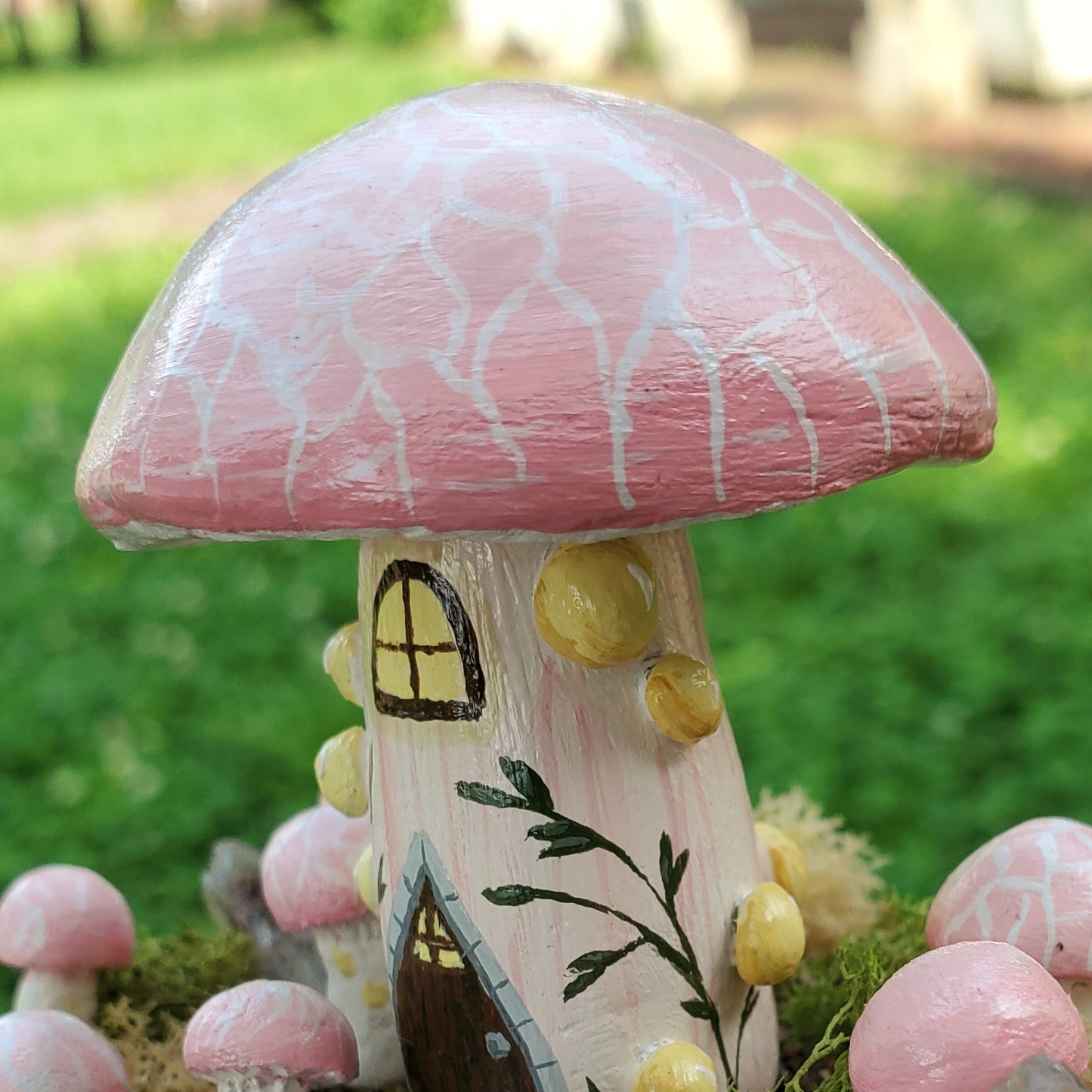 Wrinkled Peach Mushroom House Sculpture with Hematite Crystal