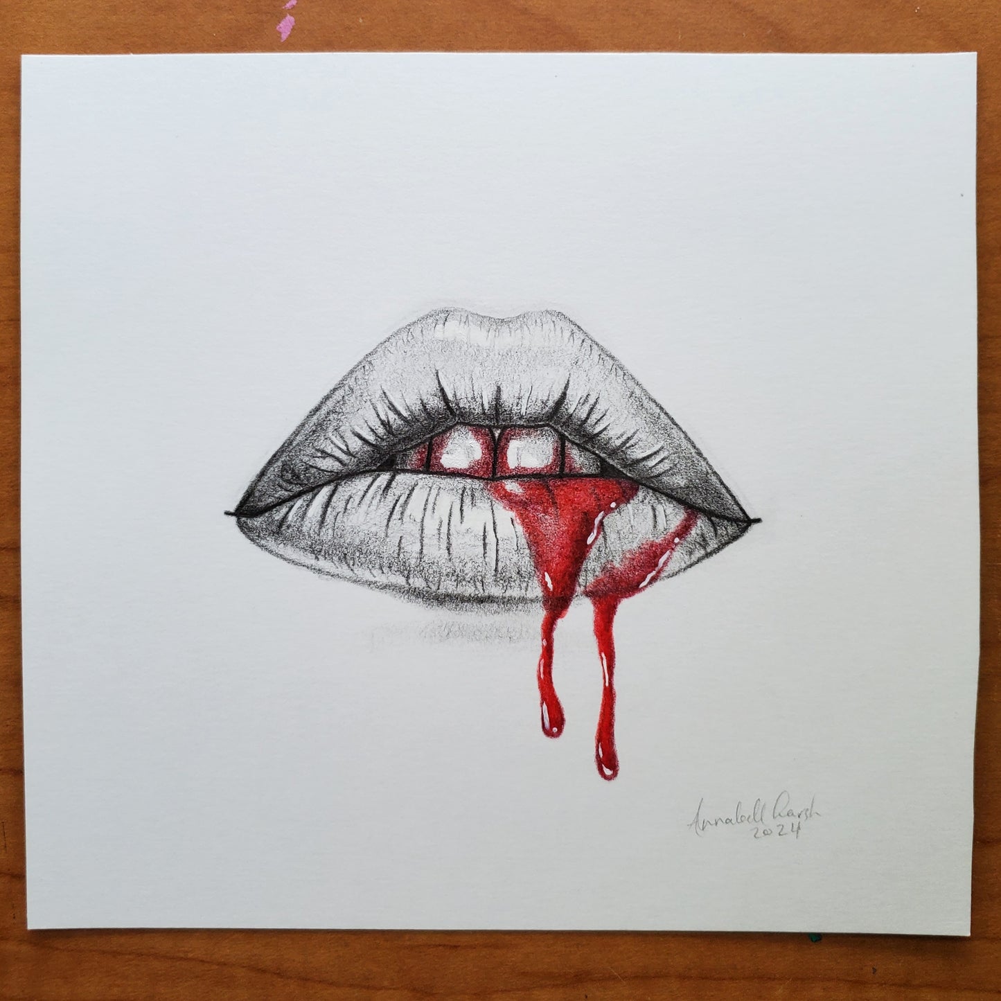 Bleeding Lips Drawing in Vintage Frame