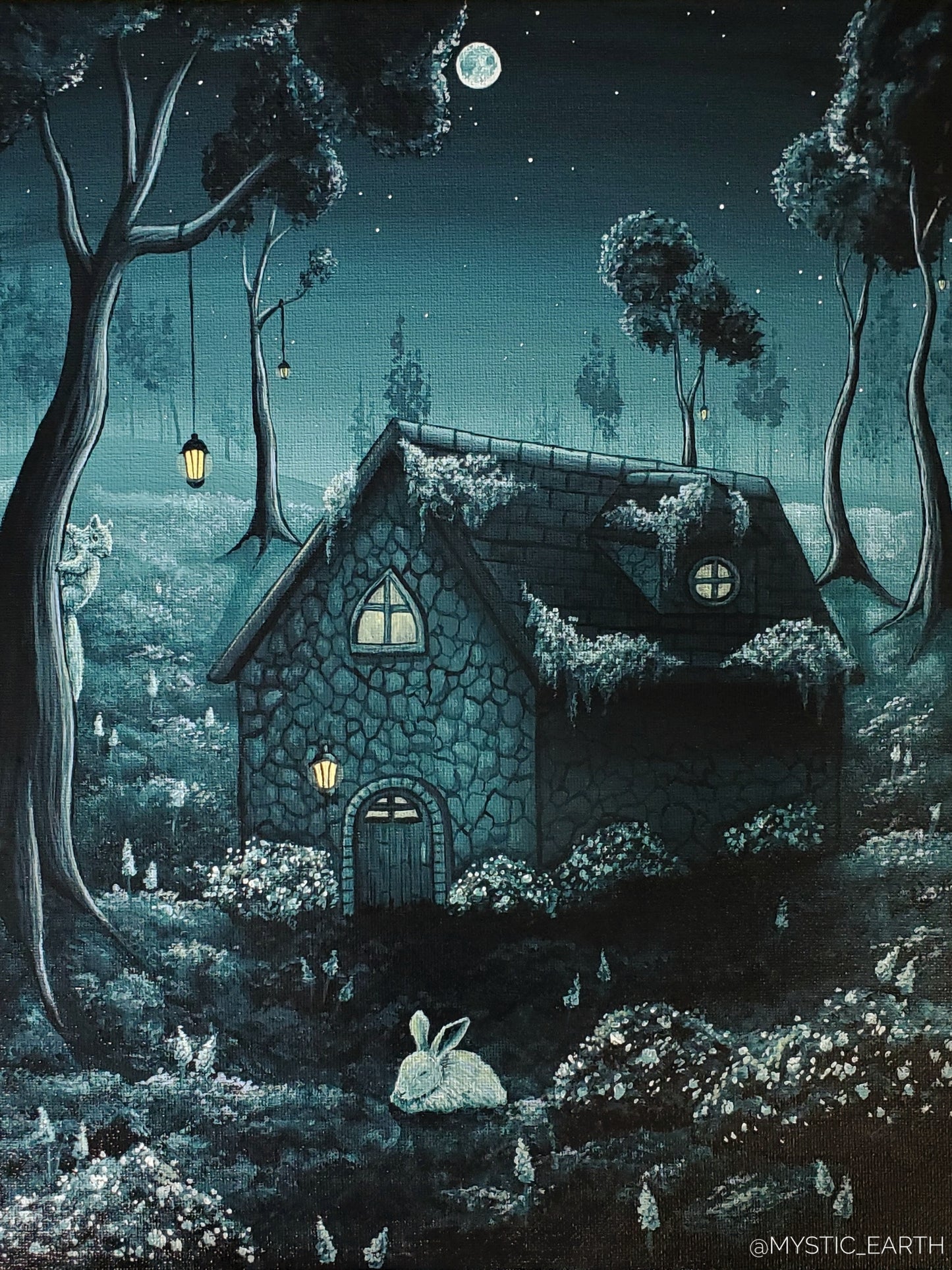 An 11' x 14' acrylic painting on canvas. The painting depicts a monochrome teal-green forest with a cozy cottage in the center. The cottage is made from stone, with a wooden door, front light, and two windows. The roof is covered in moss, and the front of the home is surrounded with flower bushes. A bunny is sleeping in the grass just in front of the cottage, and a squirrel is glancing at it from a tree to the left (holding onto the side, climbing up to it's home).