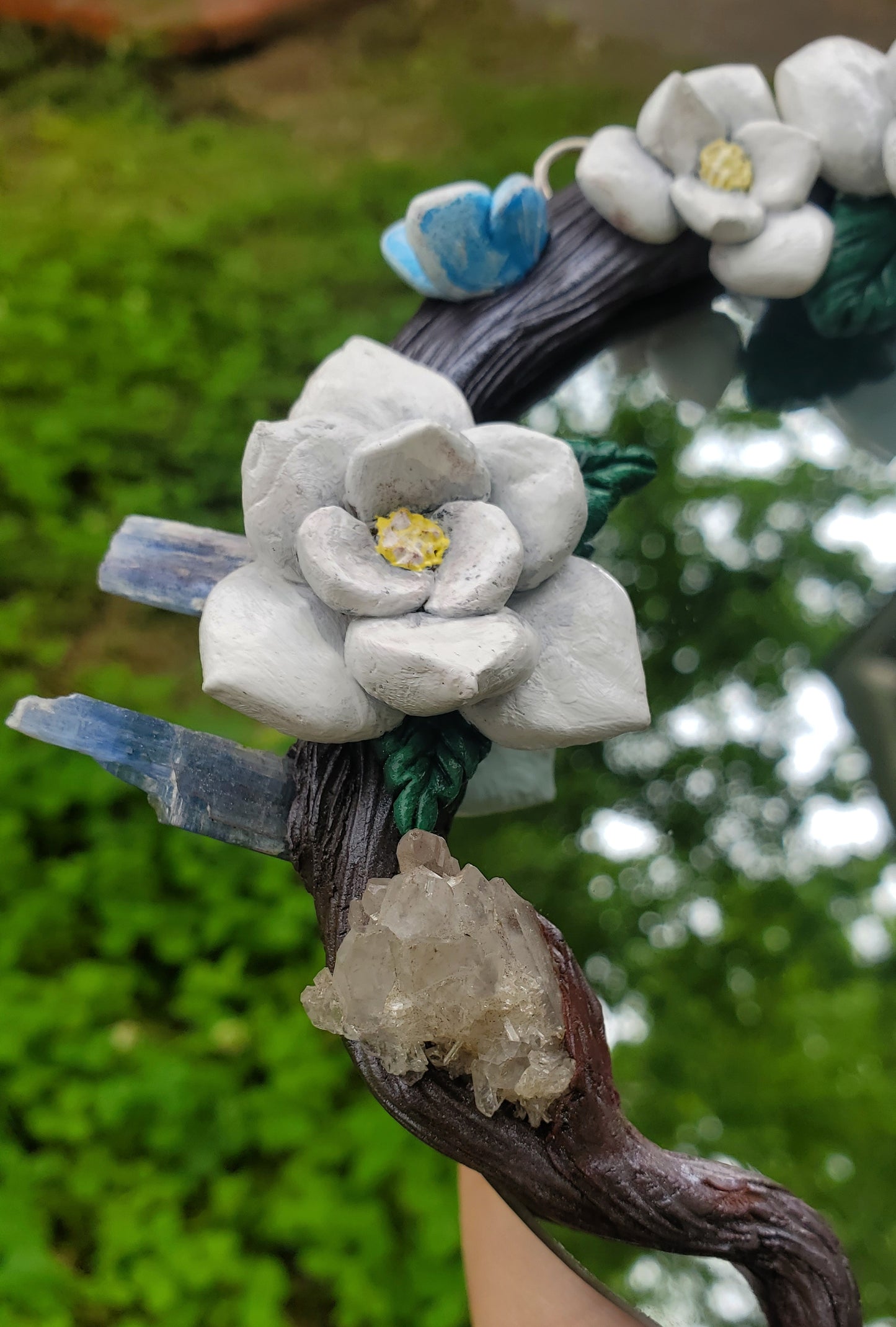 White Magnolia Mirror with Quartz and Kyanite Crystals