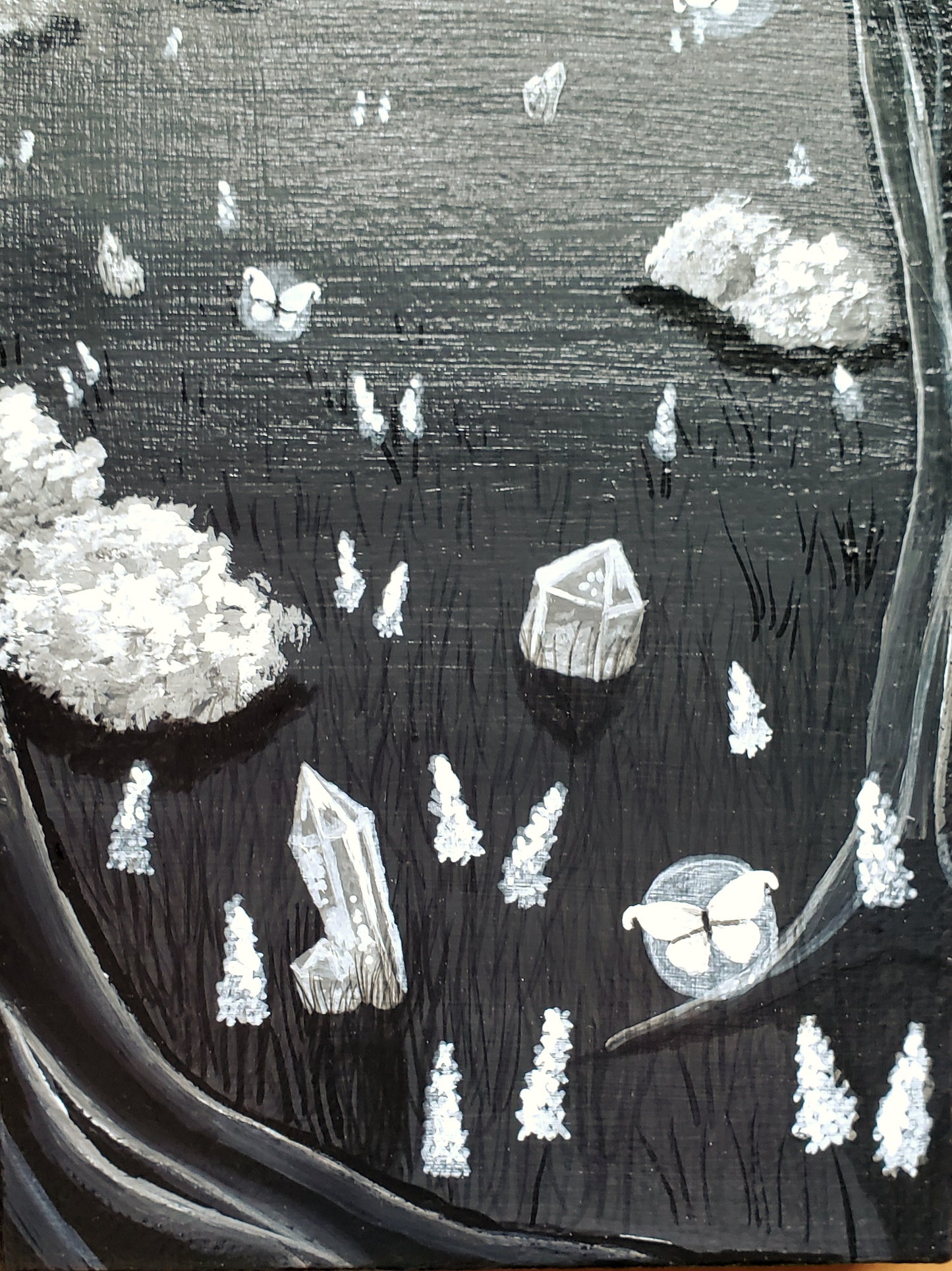 Grayscale Owl Fairy Forest Painting