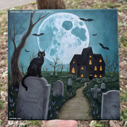 Black Cat Cemetery 12"x12" Painting