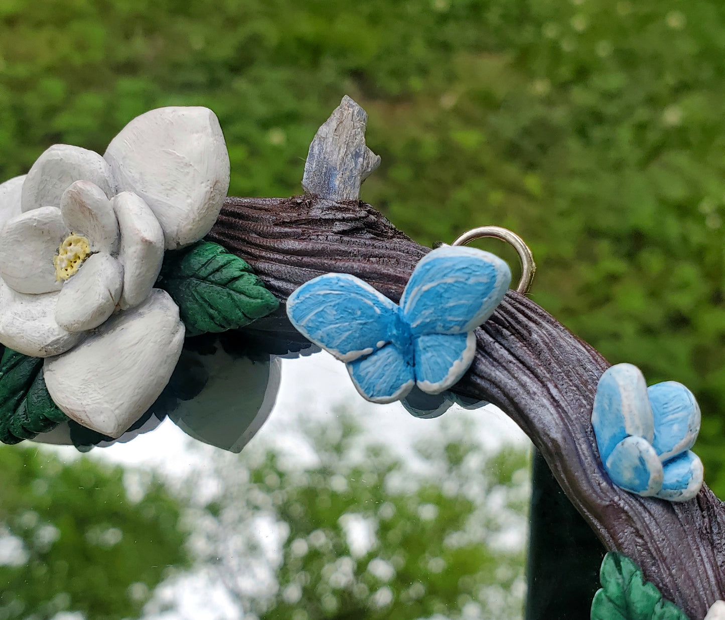 White Magnolia Mirror with Quartz and Kyanite Crystals