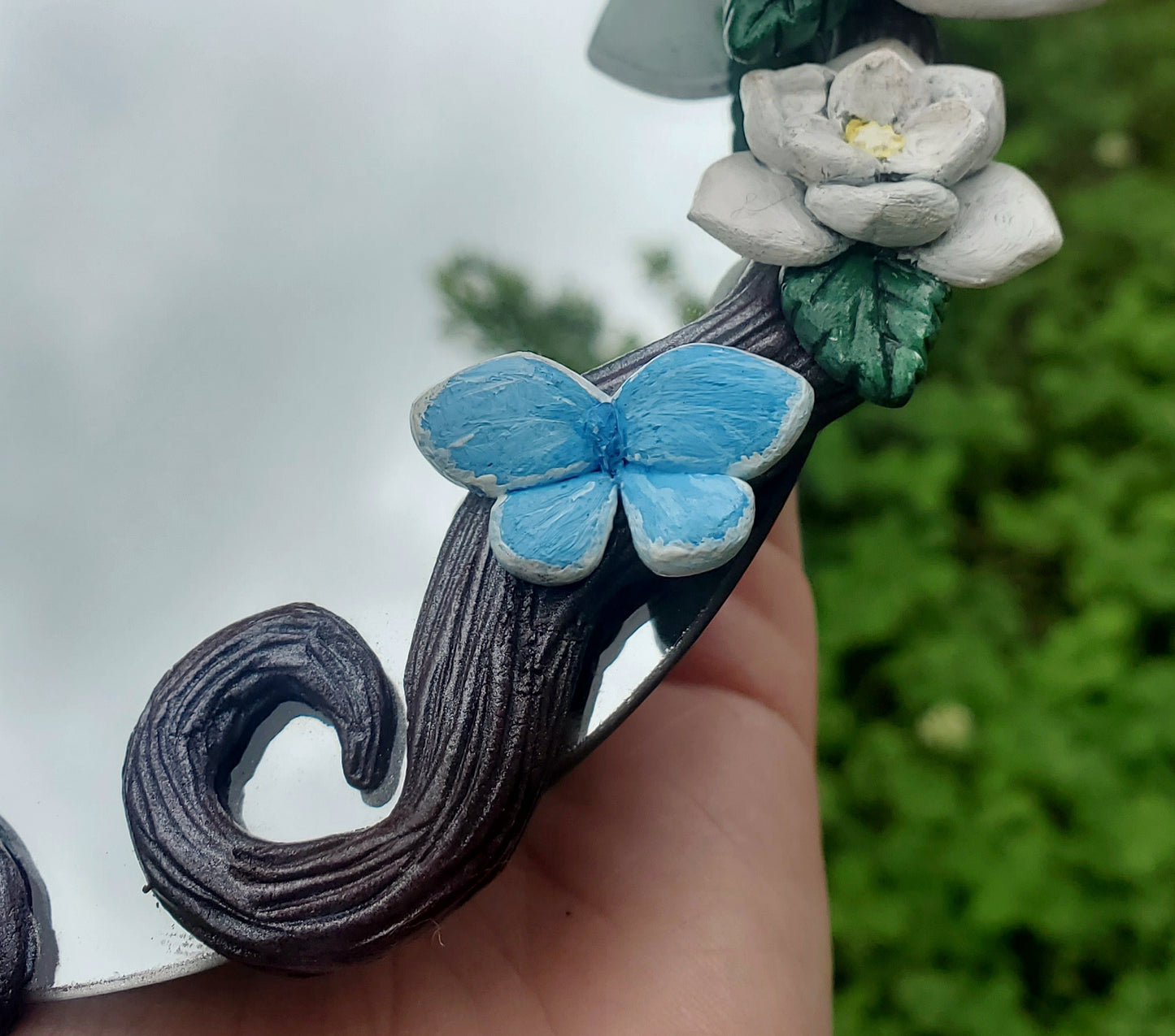 White Magnolia Mirror with Quartz and Kyanite Crystals