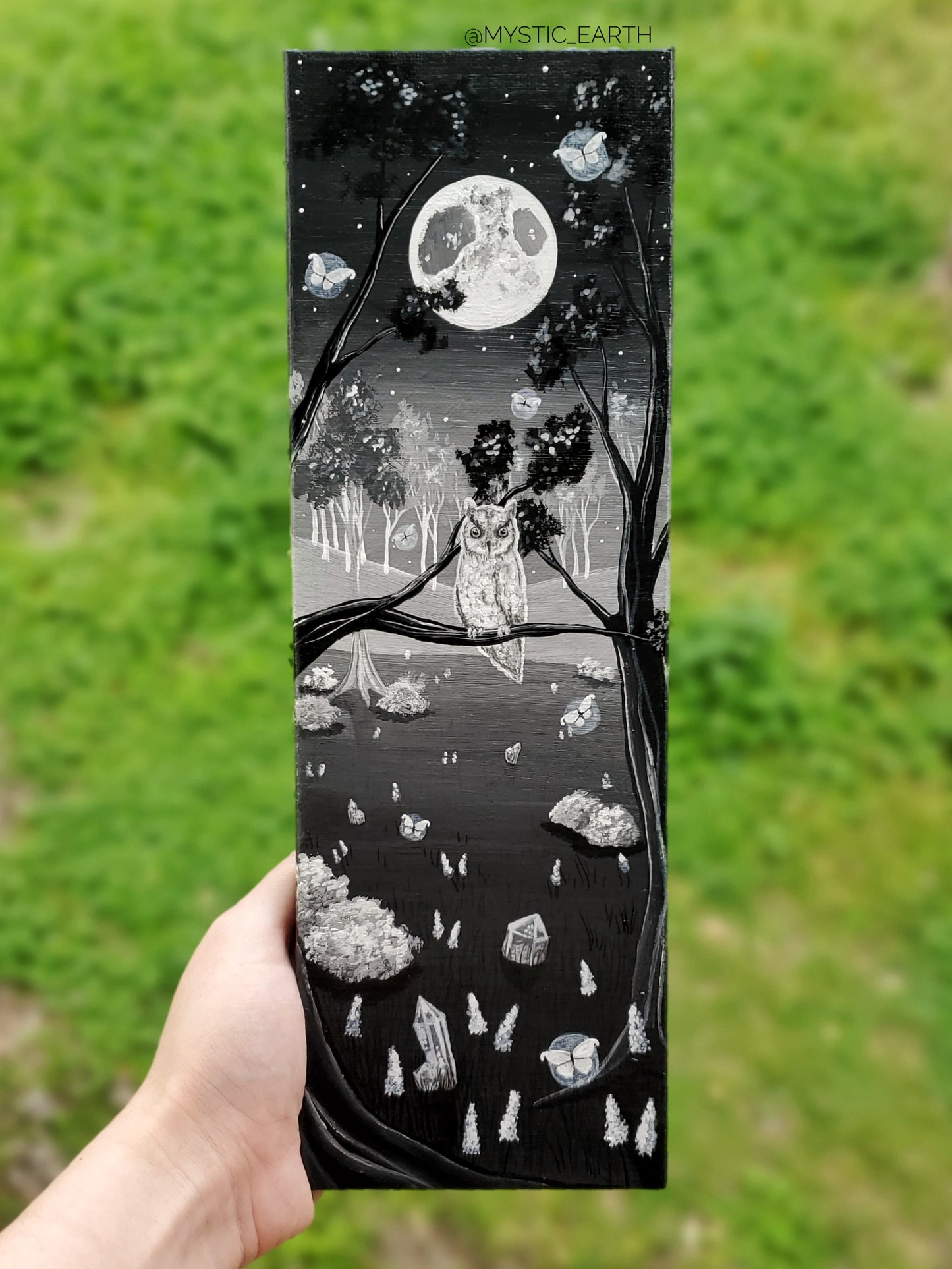 Grayscale Owl Fairy Forest Painting