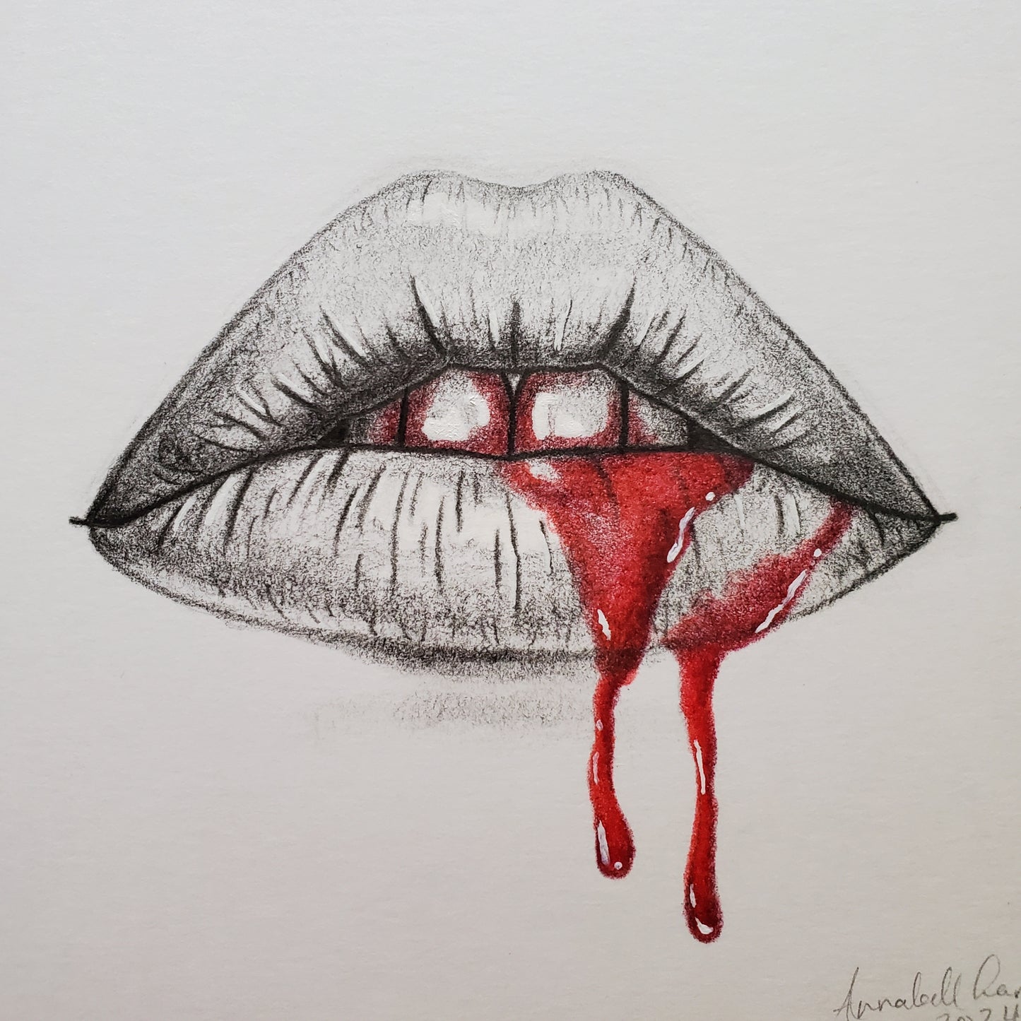 Bleeding Lips Drawing in Vintage Frame