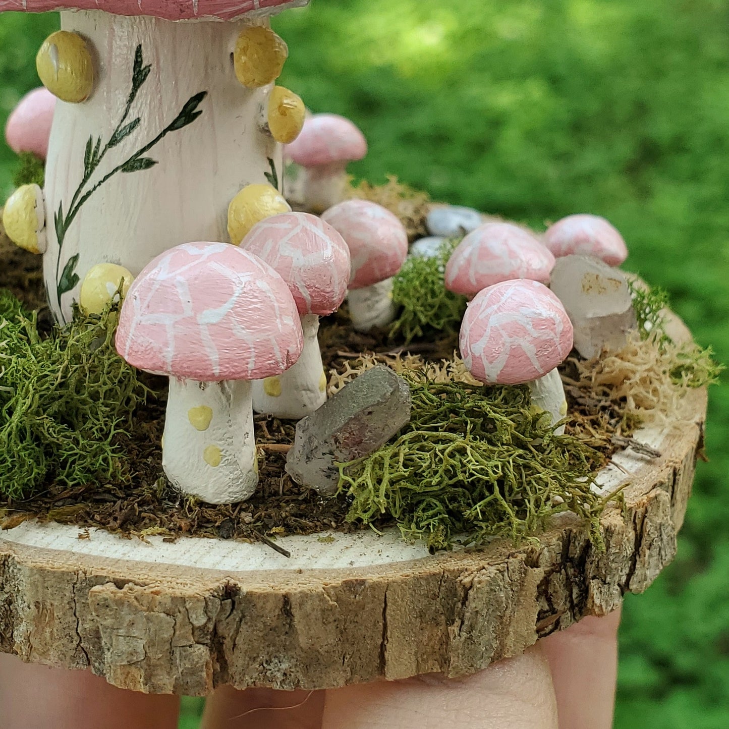 Wrinkled Peach Mushroom House Sculpture with Hematite Crystal
