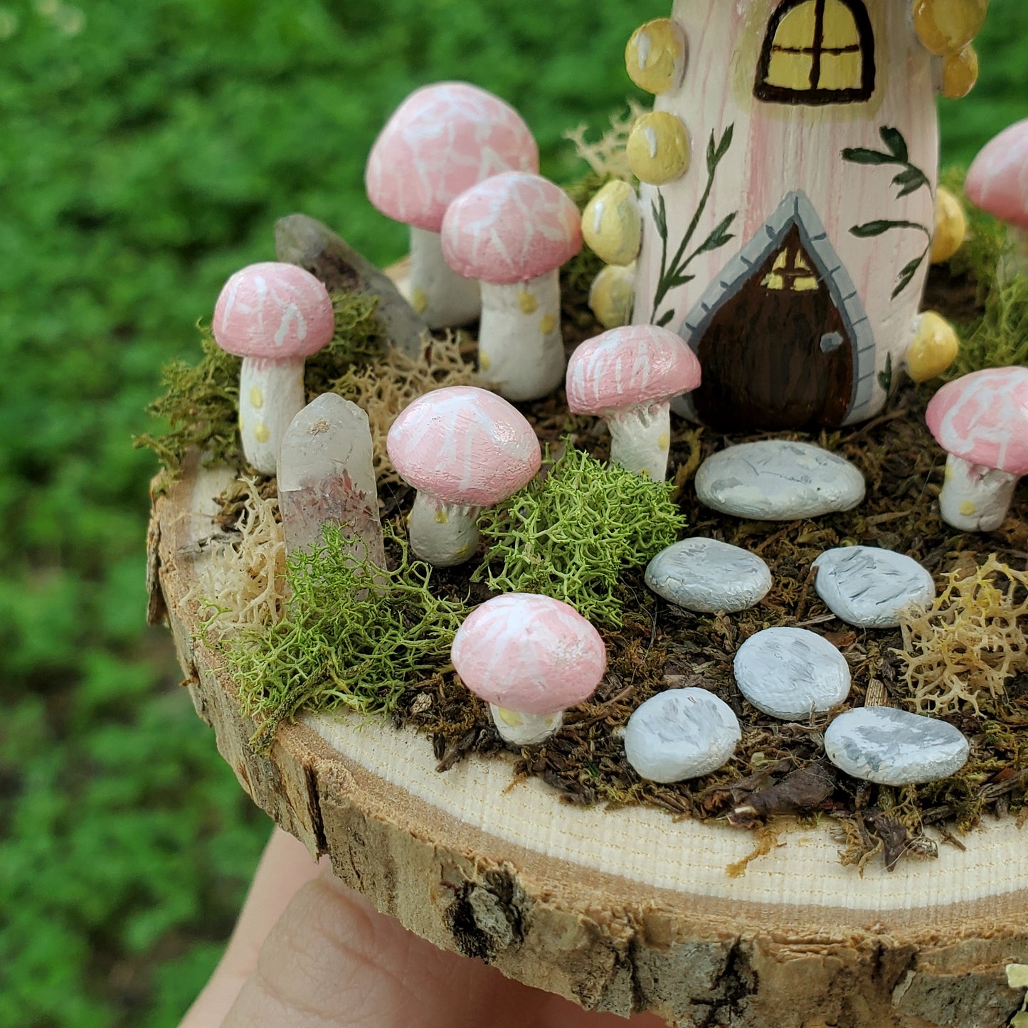 Wrinkled Peach Mushroom House Sculpture with Hematite Crystal