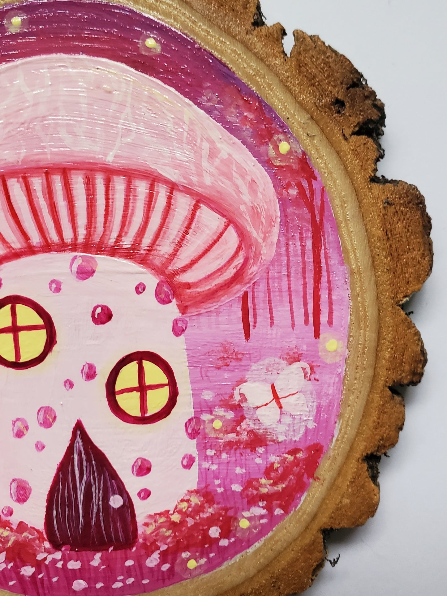Wrinkly Peach Mushroom Cottage Painting on Wood