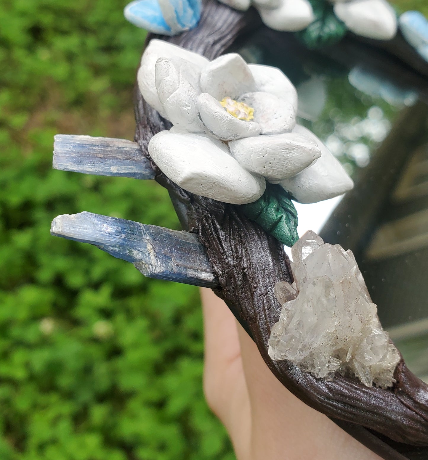 White Magnolia Mirror with Quartz and Kyanite Crystals