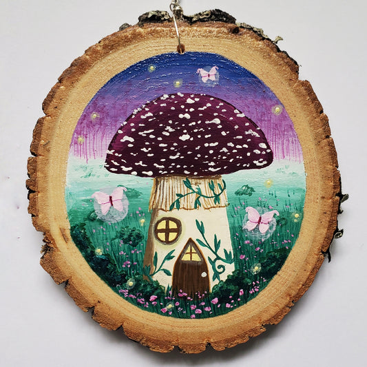 Amanita Mushroom Cottage Painting on Wood
