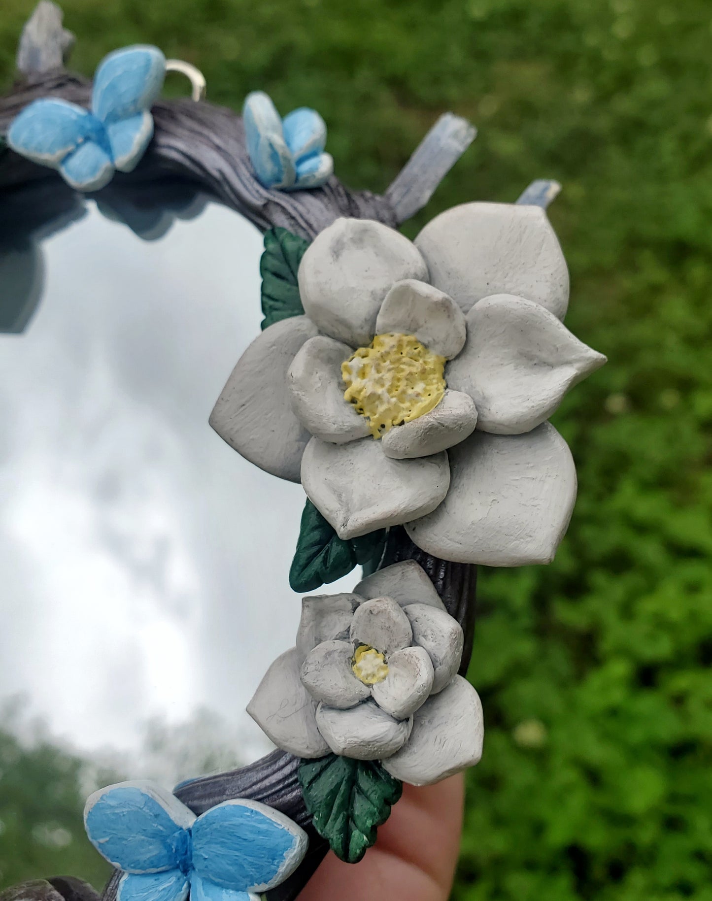 White Magnolia Mirror with Quartz and Kyanite Crystals