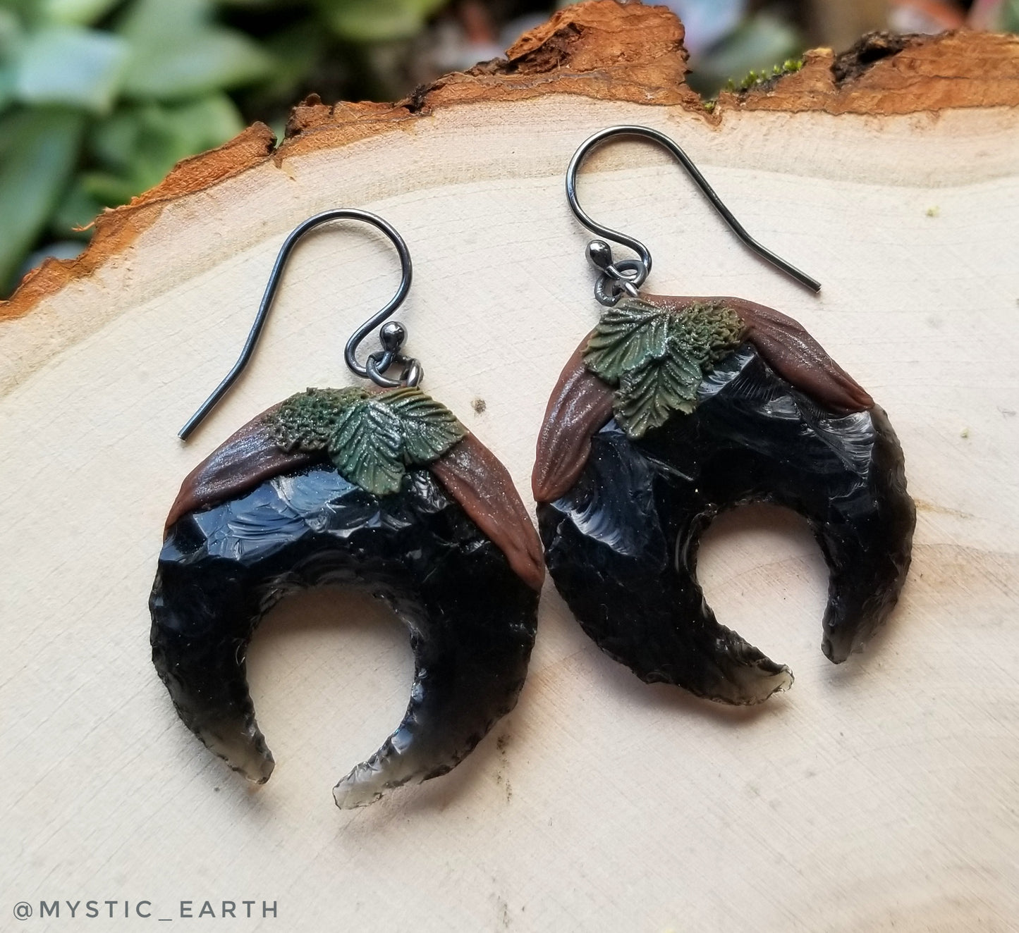 Obsidian Moon Earrings on Black 925 Silver