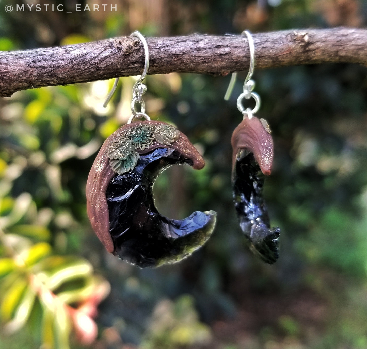 Earthy Obsidian Moon Earrings in Gold on Black 925 Silver