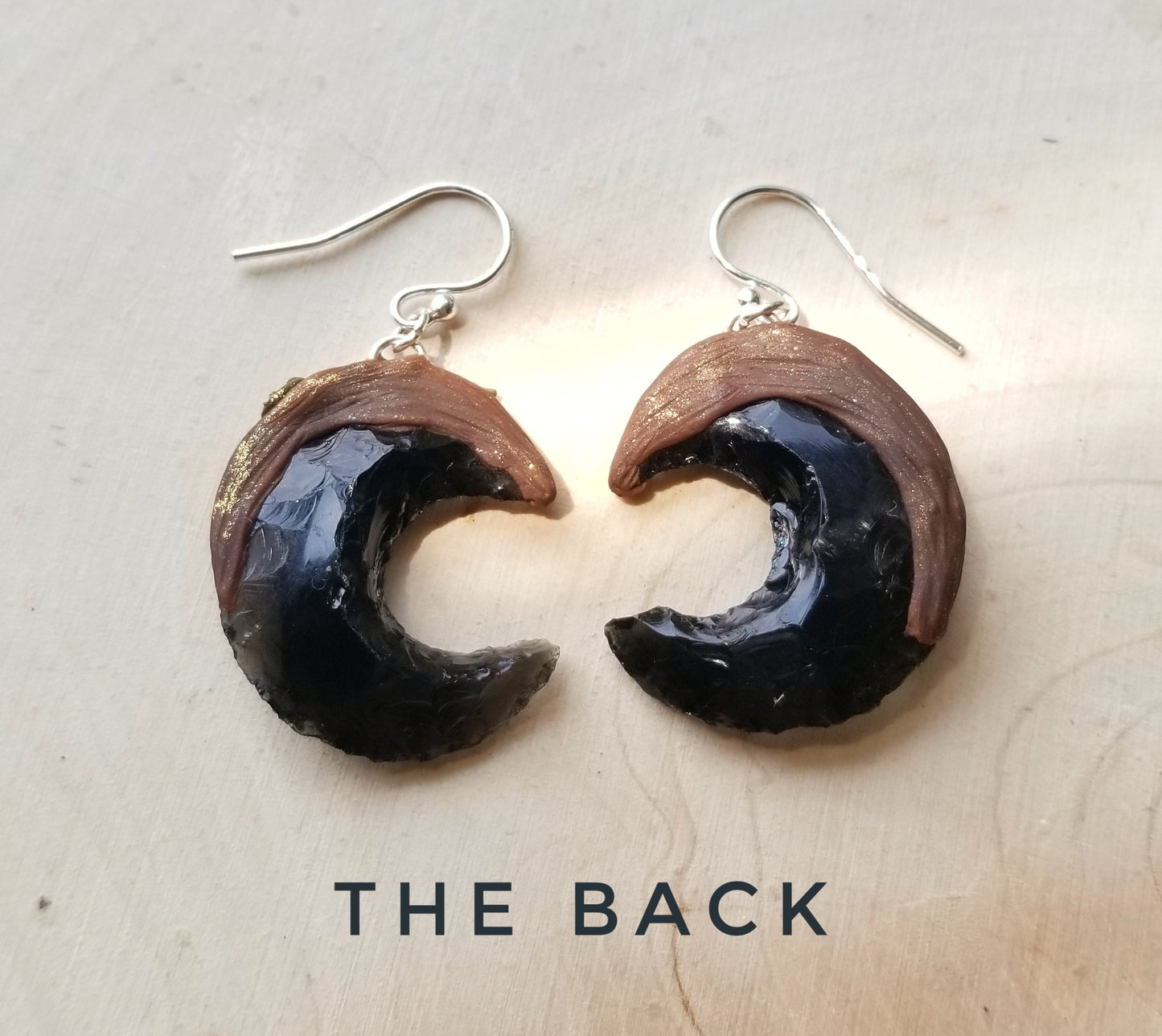 Earthy Obsidian Moon Earrings in Gold on Black 925 Silver