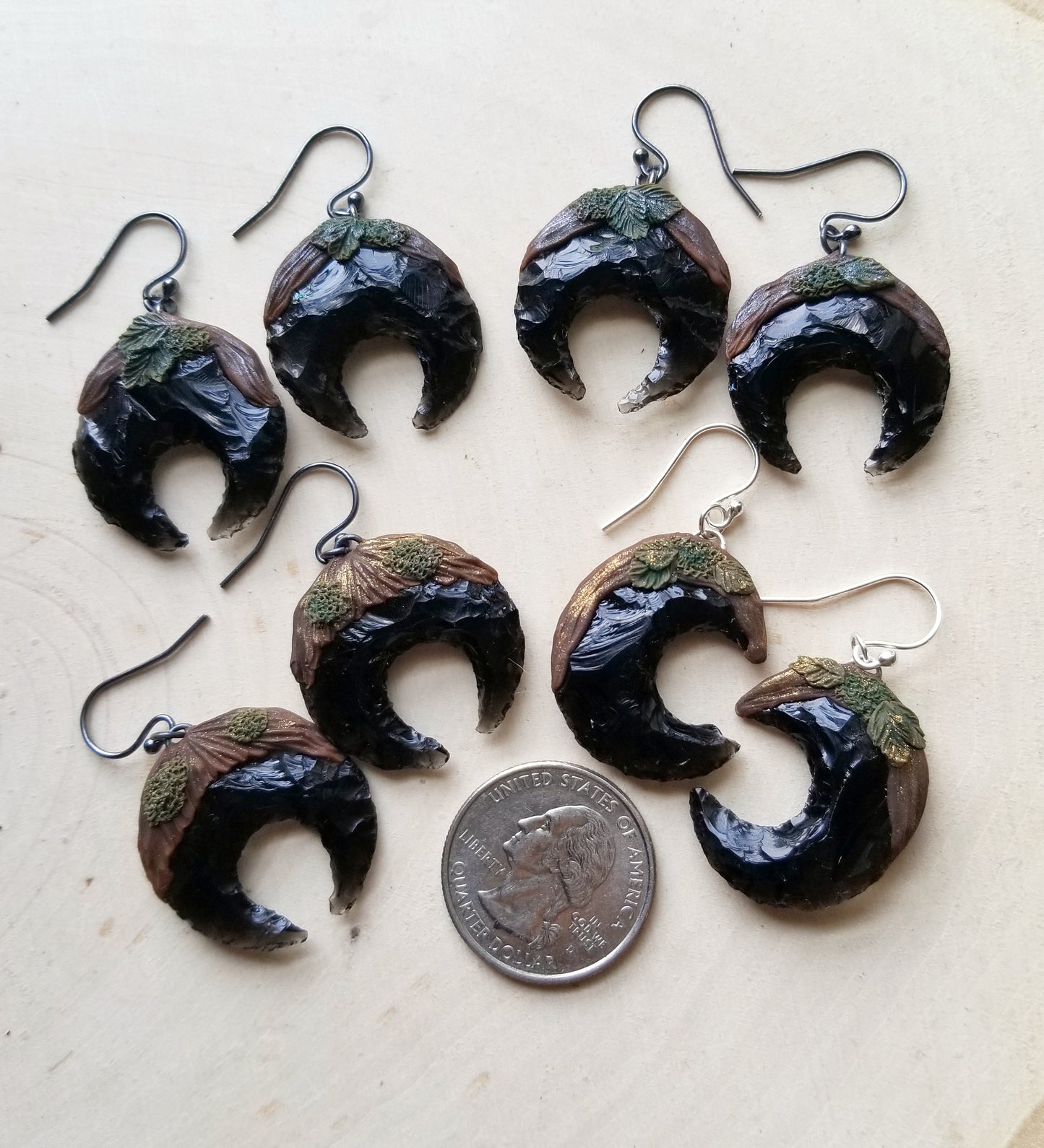 Earthy Obsidian Moon Earrings in Gold on Black 925 Silver