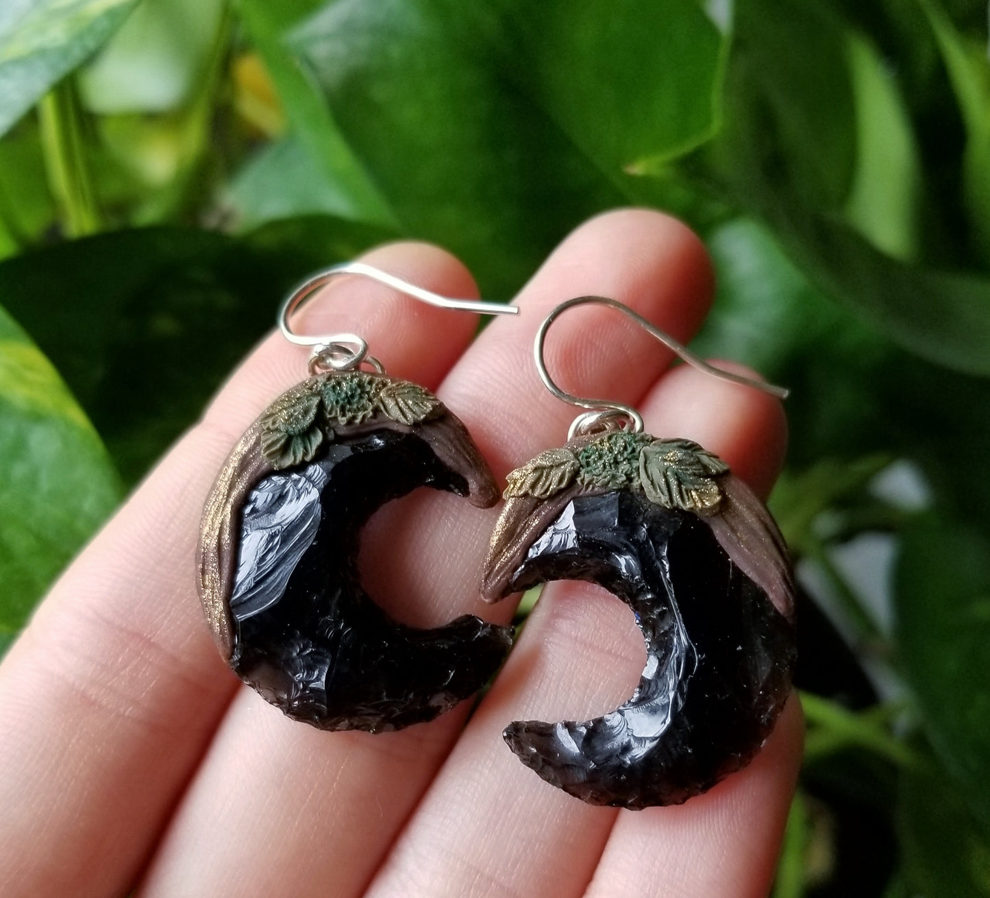Earthy Obsidian Moon Earrings in Gold on Black 925 Silver
