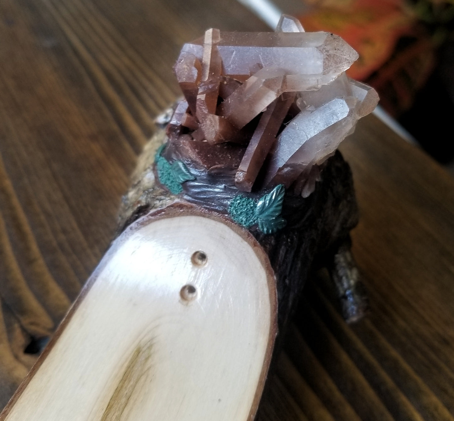 Elemental Incense Burner with Malachite and Hematite Quartz Crystals