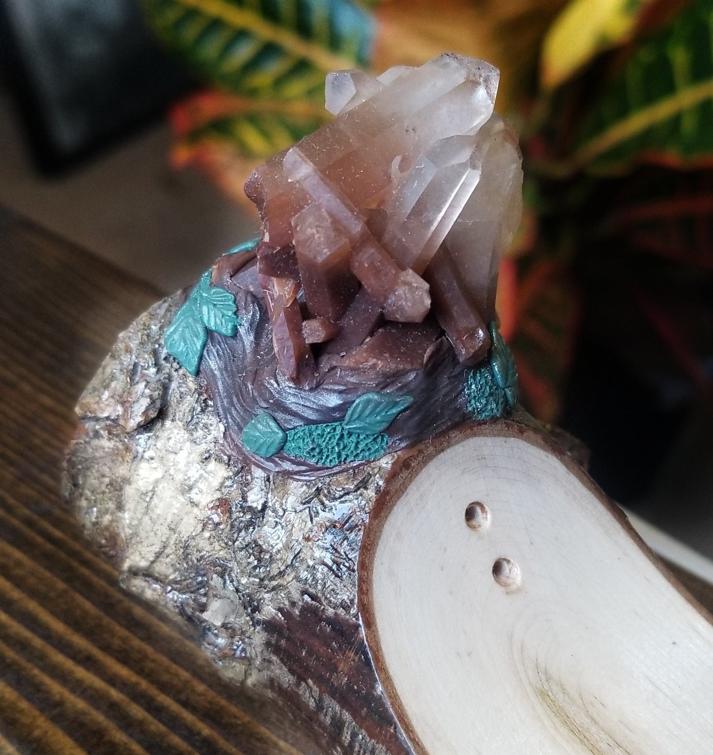 Elemental Incense Burner with Malachite and Hematite Quartz Crystals